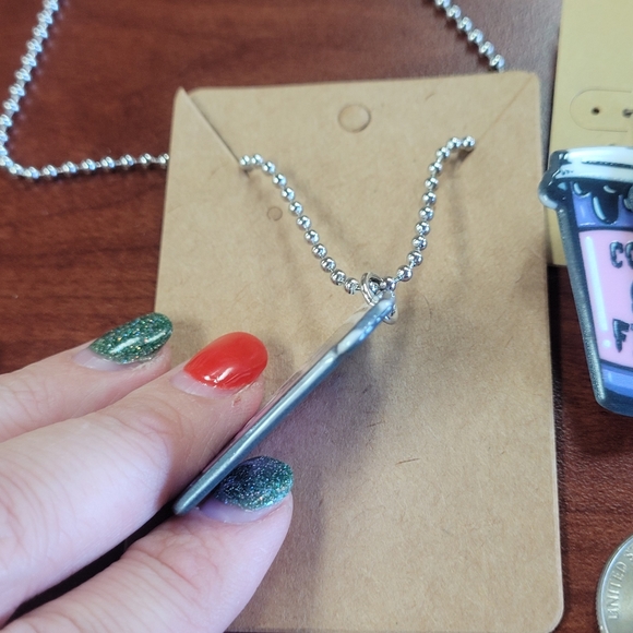 New Coffee Fiend Acrylic Earring and Necklace Set Stainless Steel - Picture 5 of 6